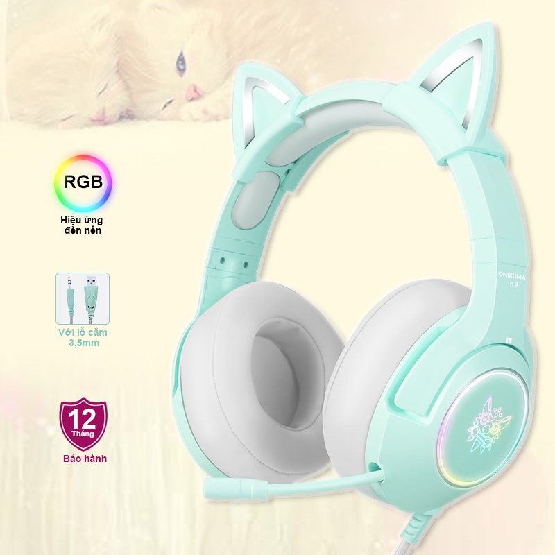 Tai nghe chơi game Màu xanh ONIKUMA K9 có mic, với tai mèo có thể tháo rời, có RGB, Headphone Gaming, Cho PC Laptop