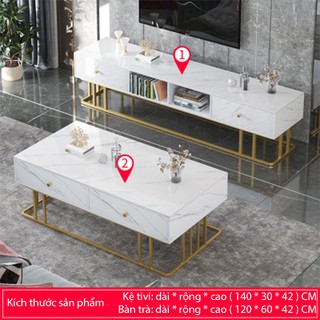 Combo bàn trà + Kệ tivi mặt vân đá trắng KTV002
