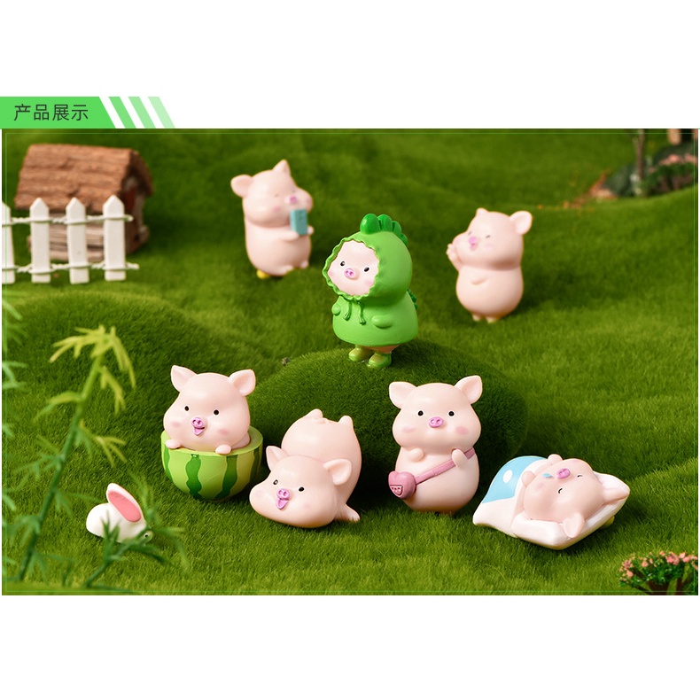 Tiểu cảnh mini ❤️ Mô hình 07 lợn hồng áo xanh đáng yêu vui chơi dưa trang trí tiểu cảnh sen đá, sân vườn, terrarium