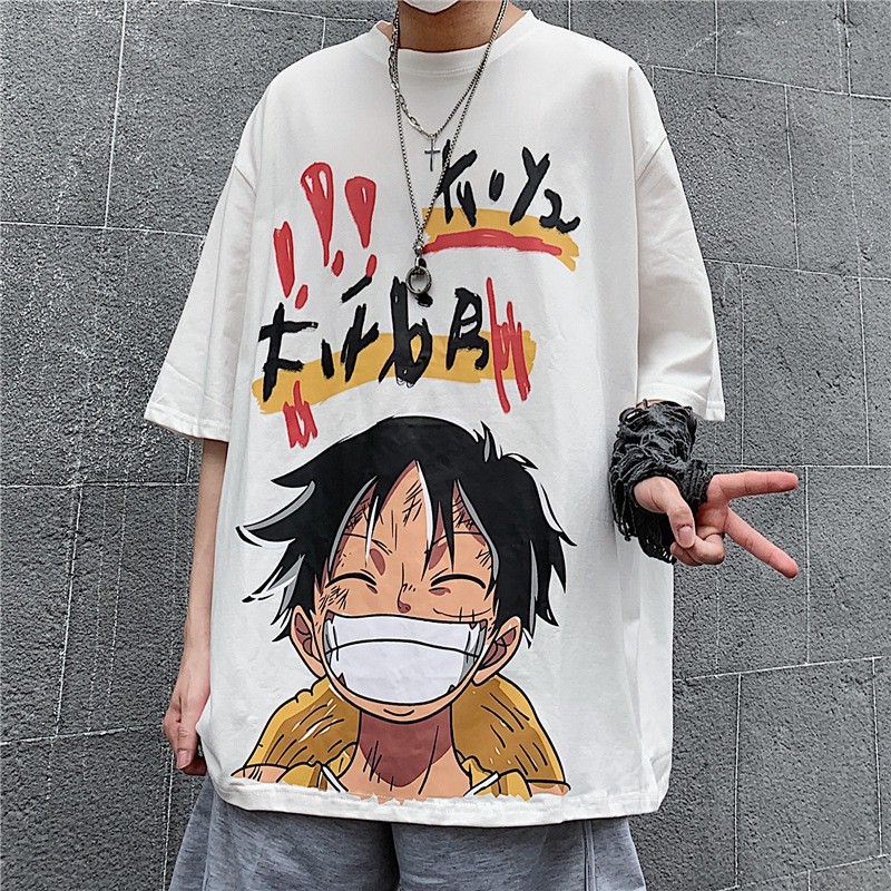 Áo thun tay ngắn dáng rộng in hoạt hình One piece phong cách Hàn Quốc thời trang dành cho nam size s-8xl