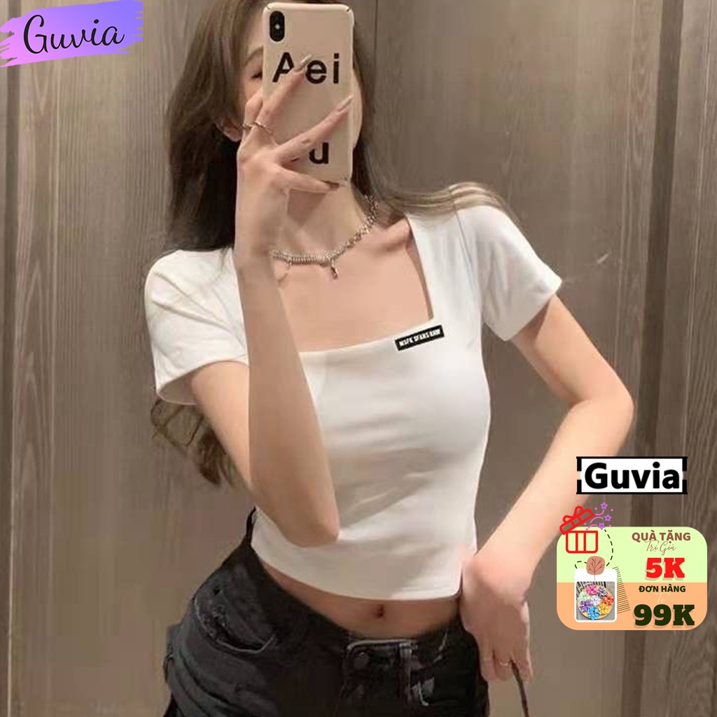 Áo Croptop Nữ Cổ Vuông LOGO Tay Ngắn Ôm Body Sexy Chất Thun Tăm Trẻ Trung GUVIA | BigBuy360 - bigbuy360.vn