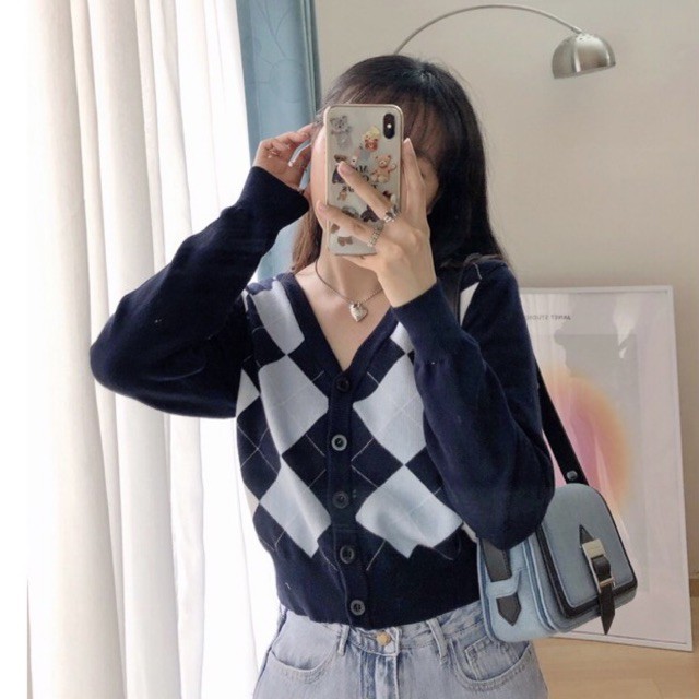 JANET STUDIO • Áo Cardigan XO xanh