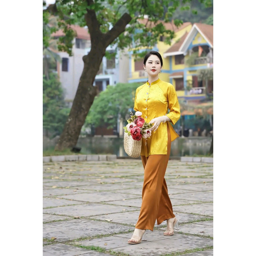 Áo bà ba lụa gấm vân cao cấp đi lễ chùa thiết kế cách tân đồ lam truyền thống hàng loại 1 kèm quần may sẵn