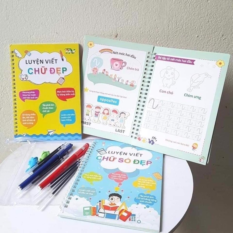 Compo 3 quyển tập tô nét lõm tự xoá kèm bút tự bay màu cho bé. .