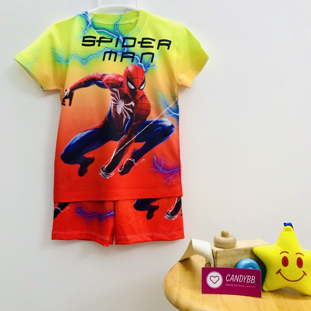 Đồ bộ bé trai, bộ thun lạnh cộc tay bé trai in 3D hình siêu nhân Người Nhện - Spider Man size đại cho bé từ 10 - 60kg