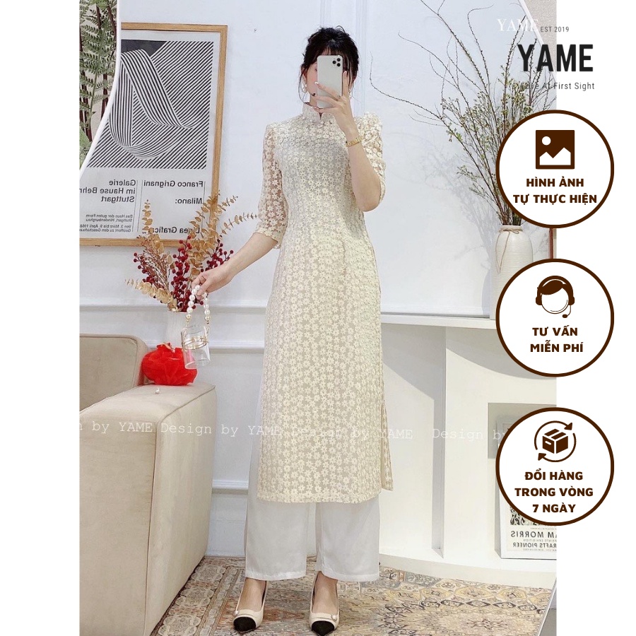 Set áo dài ren hoa đính nổi màu be kèm quần lụa trắng mềm mại cổ truyền thống tay lỡ YAME