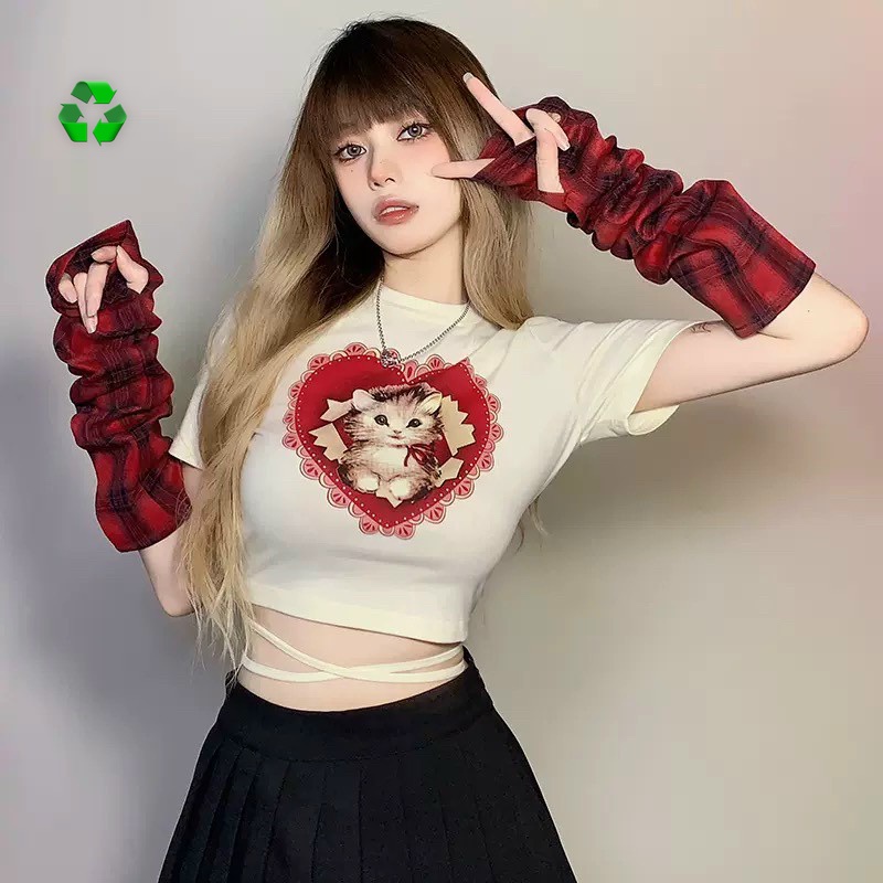 Áo thun nữ tay ngắn dáng croptop phối dây buộc lưng in họa tiết mèo trái tim hot 42