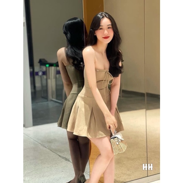 Đầm nude dây cột nơ ngực xếp ly