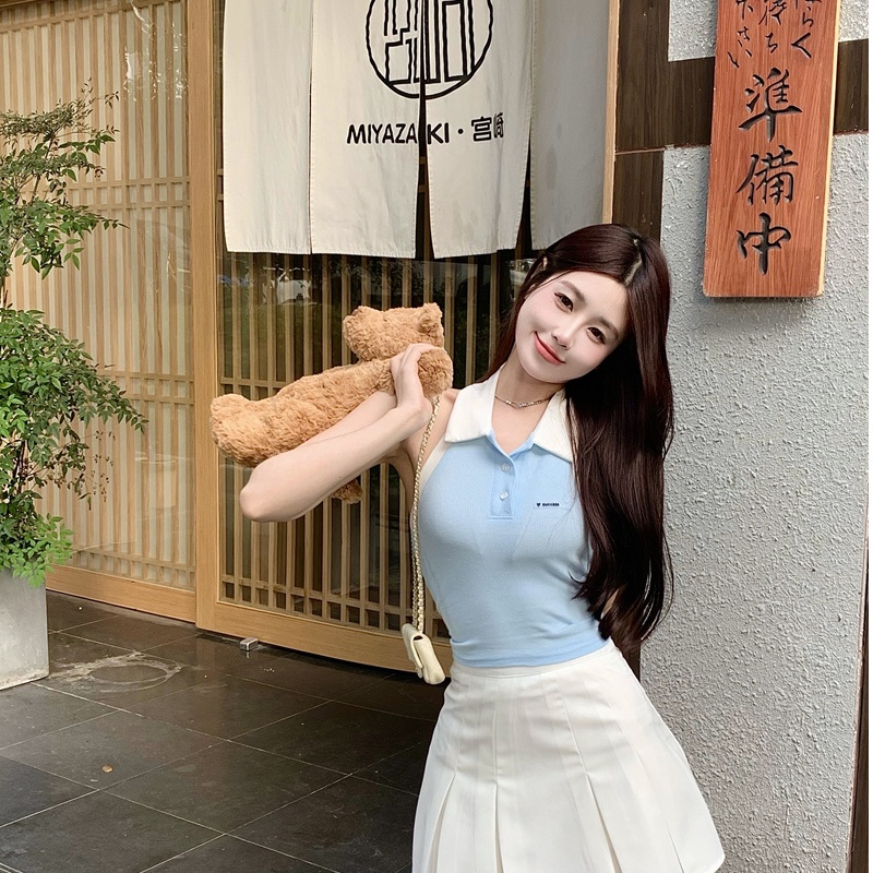 Áo ZHELIHANGFEI dệt kim không tay cổ polo hở vai lưng phong cách gợi cảm cho nữ