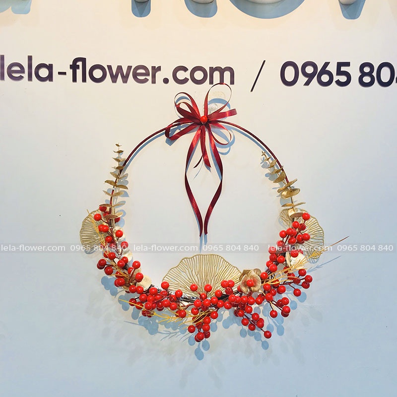 Vòng hoa đào đông đã kết sẵn, vòng nguyệt quế treo tường treo cửa Tết 2022 size 45cm (VNQ0004) Lela Flower