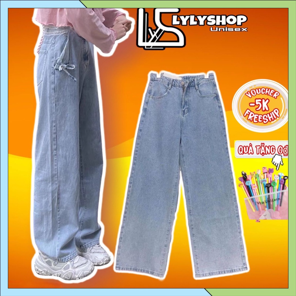 Quần jean nữ ống rộng cạp cao dáng suông Unisex ,quần bò xuông lưng cao ulzzang chất dày dặn J2