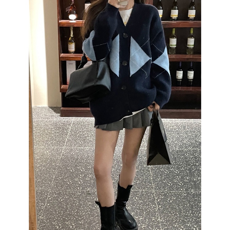Áo khoác cardigan len nữ Quảng châu họa tiết hình thoi kim cương trám caro xanh phong cách hàn quốc vintage ulzzang AC3