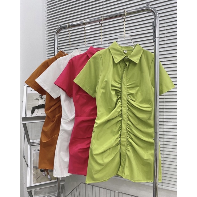 Váy sơmi nhún ❤️Đầm thân nhúng ngắn tay