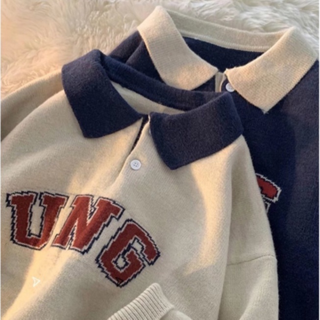 Áo sweater cổ polo dáng rộng kiểu Hàn Quốc thời trang cho các cặp đôi thời trang bông bigsize áo len unisex fashion áo nỉ sweater nam