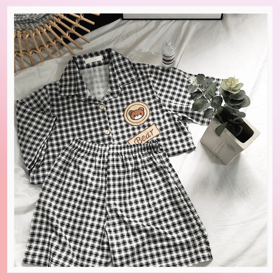 Pijama nữ đùi caro dễ thương cộc tay chất cotton co giãn cao cấp PJMCOC01