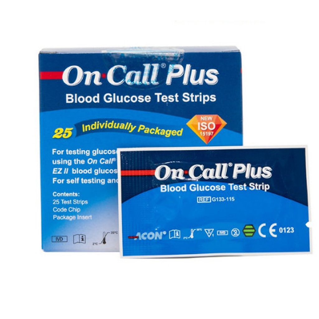 ✅ ON CALL PLUS 25 QUE (VỈ XÉ) HOẶC HỘP 50 QUE – Que thử đường huyết chính hãng ACON máy On Call Plus, On Call EZII