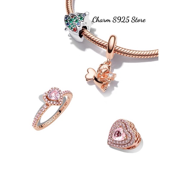 CHARM PAN ALE TIM VÀNG HỒNG ĐÍNH ĐÁ BẠC S925 CAO CẤP