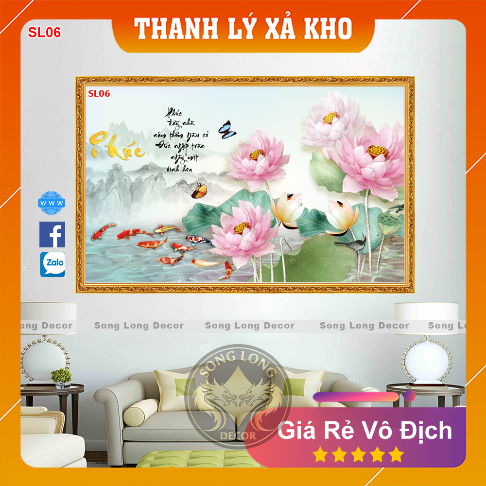 [Mã SKAMLTSM9 giảm 10% đơn 99K] Tranh dán tường Hoa Sen Chữ Phúc - SL06-Tranh 3d Thư Pháp - Song Long Decor