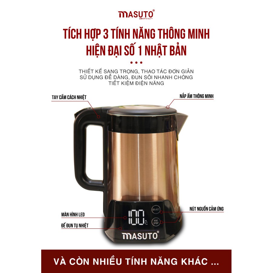 [TẶNG 5 HỘP INOX 304] Ấm siêu tốc thông minh 2 lớp Masuto chống bỏng công nghệ Nhật Bản