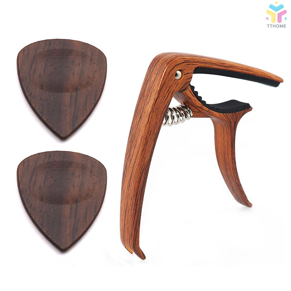 Capo đàn guitar có lò xo kim loại kèm 2 móng gảy đàn bằng gỗ