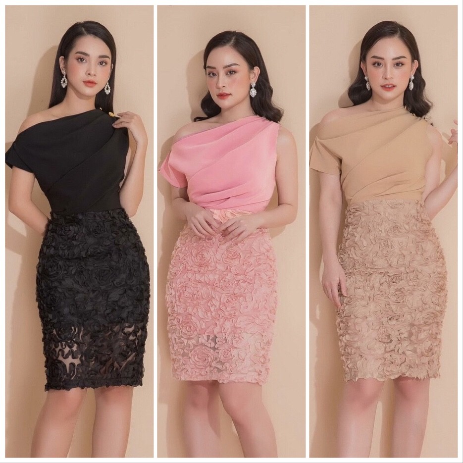 Đầm body lệch vai phối ren hoa hồng