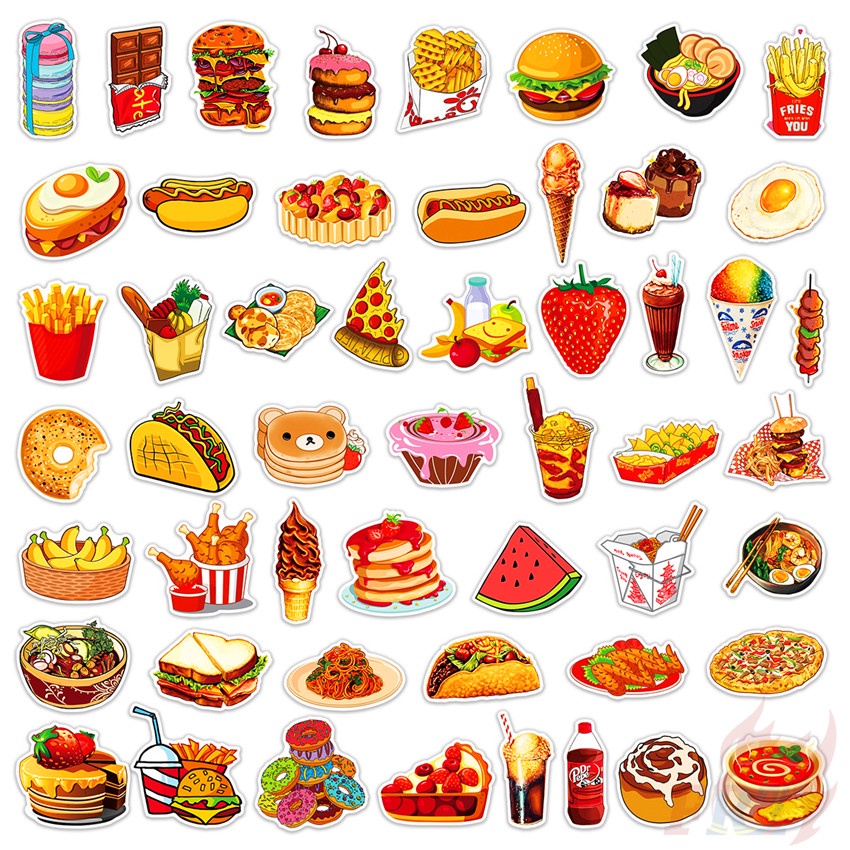 ❉ Miếng Dán Trang Trí Hình Hamburger / Pizza 05 Dễ Thương ❉ Bộ 50 Sticker Chống Thấm Nước Họa Tiết Doodle Hợp Thời Trang