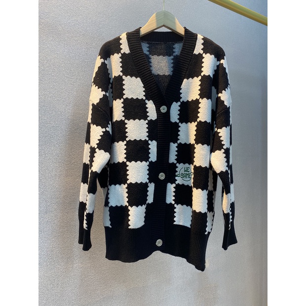 Áo len nữ dài tay cổ tròn sọc ca rô thời trang Hàn