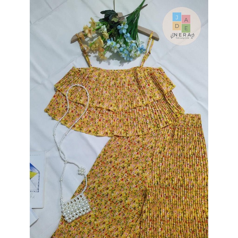 Set hoa vintage dập li 2 dây quần dài, 2 tầng, loại 1 - Freesize , tùy chiều cao