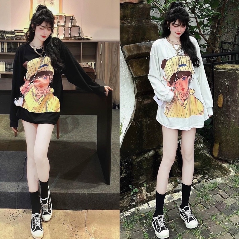 Áo Thun Tay Dài Fom Rộng 60kg Tici Cô Gái Hoạt Hình Siêu Xinh