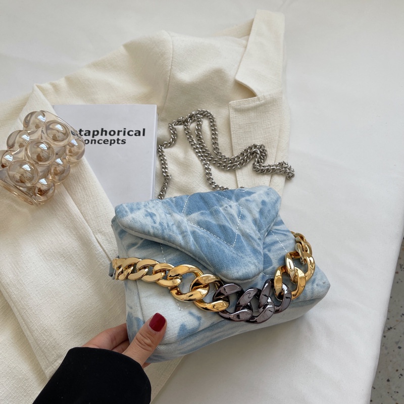 Túi Đeo Chéo Vai Vải Denim Phối Dây Xích Thời Trang Dành Cho Nữ