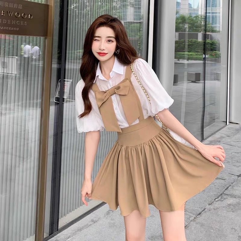 Váy Yếm Dài Ngang Đùi Xếp Ly Thắt Nơ Taobao