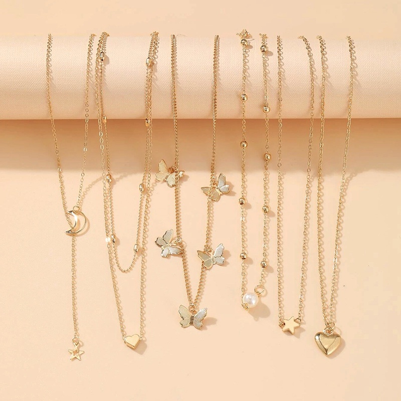 Set 6 Vòng cổ Nhiều Lớp Mặt Hình Bướm Và Hoa Hồng Phong Cách Retro JP5