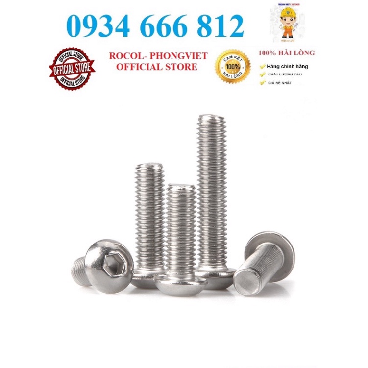 Combo 50c bulong lục giác chìm đầu cầu INOX 201 M6, M6x10, M6x12,M6x16,M6x20, M6x25, M6x30,M6x35,M6x40