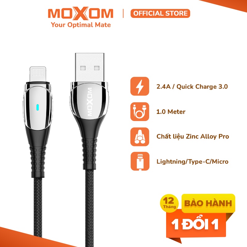 Cáp sạc nhanh QC 3.0 tự ngắt MOXOM CB58 2.4A bện nylon cao cấp cổng Lightning, Type-C, Micro, dài 1m