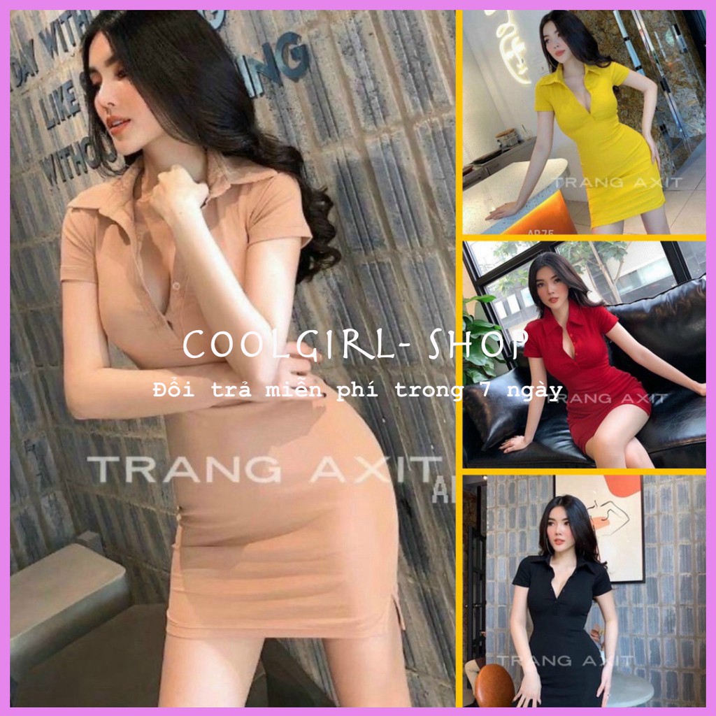 Đầm body trơn cổ bẻ gài nút
