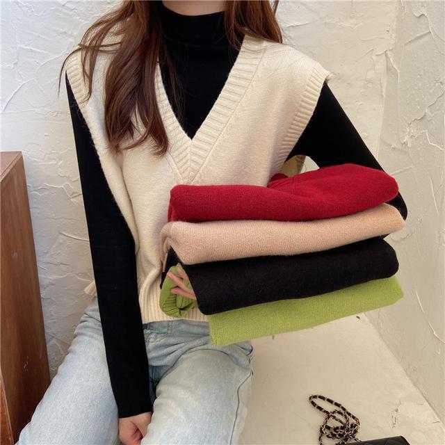 Korean style loose sweater V-neck school wind knit vest | BigBuy360 - bigbuy360.vn