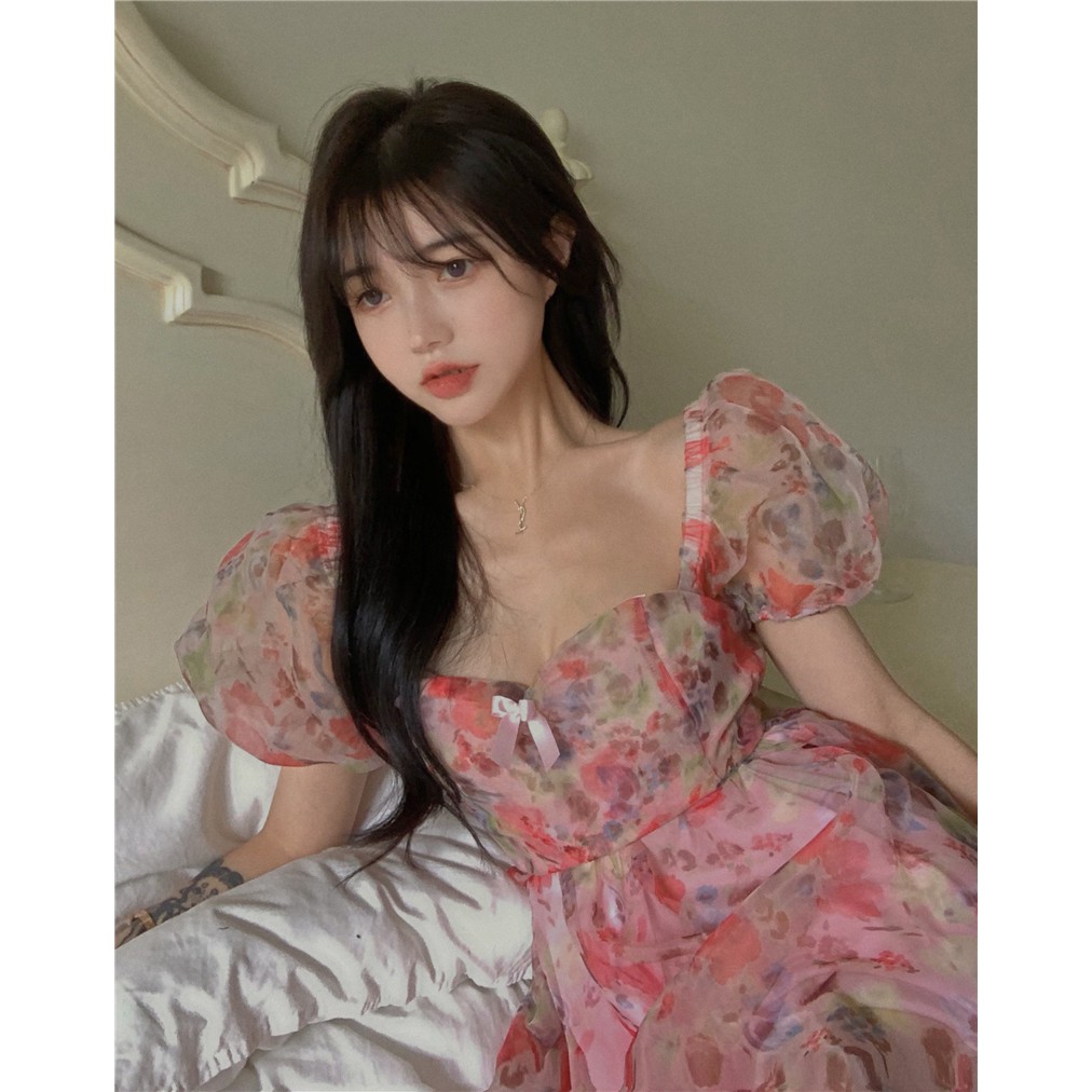 Đầm hoa nữ dáng xoè tay phồng tiểu thư