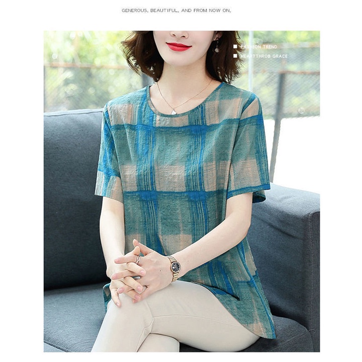 Áo Thun Lụa Lạnh Tay Ngắn Dáng Rộng Sọc Ca Rô Thời Trang Mùa Hè Cho Phụ Nữ Trung Niên
