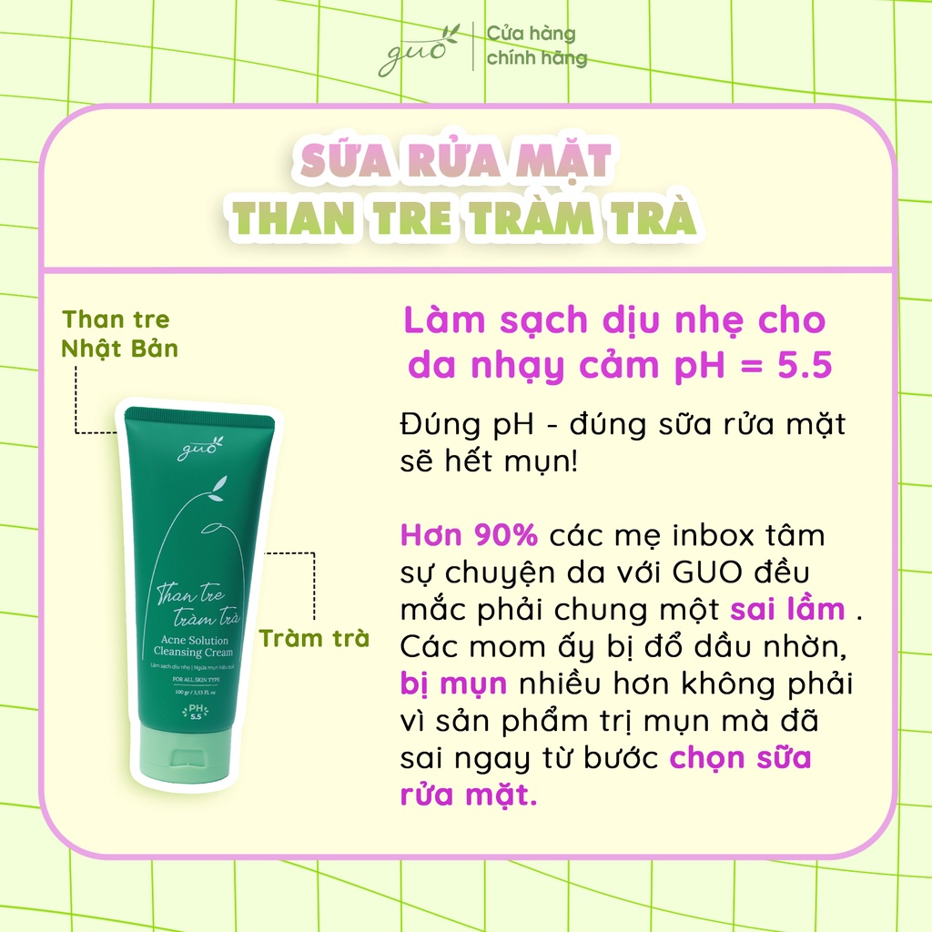 Bộ đôi sữa rửa mặt than tre tràm trà kiềm dầu 8 tiếng ngừa mụn không khô da, pH 5.5 GUO