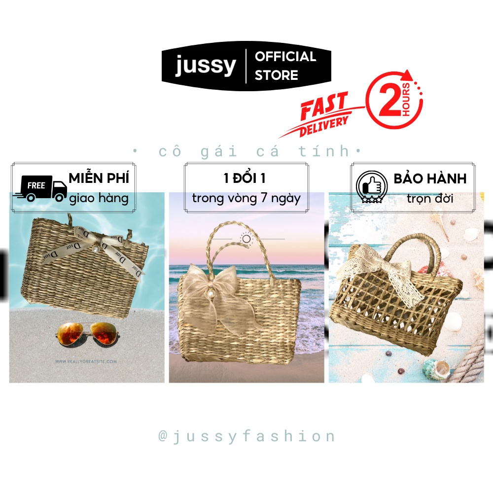 Túi Cói Đi Biển Jussy Fashion Kiểu Túi Đan Cói Mini Vintage Handmade Phụ Kiện Chụp Ảnh, Đi Du Lịch, Dã Ngoại