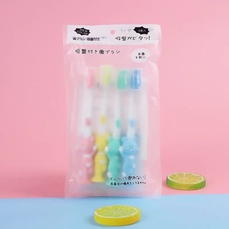 Bàn chải đánh răng cho bé set 4 cây hình gấu tay cầm silicon
