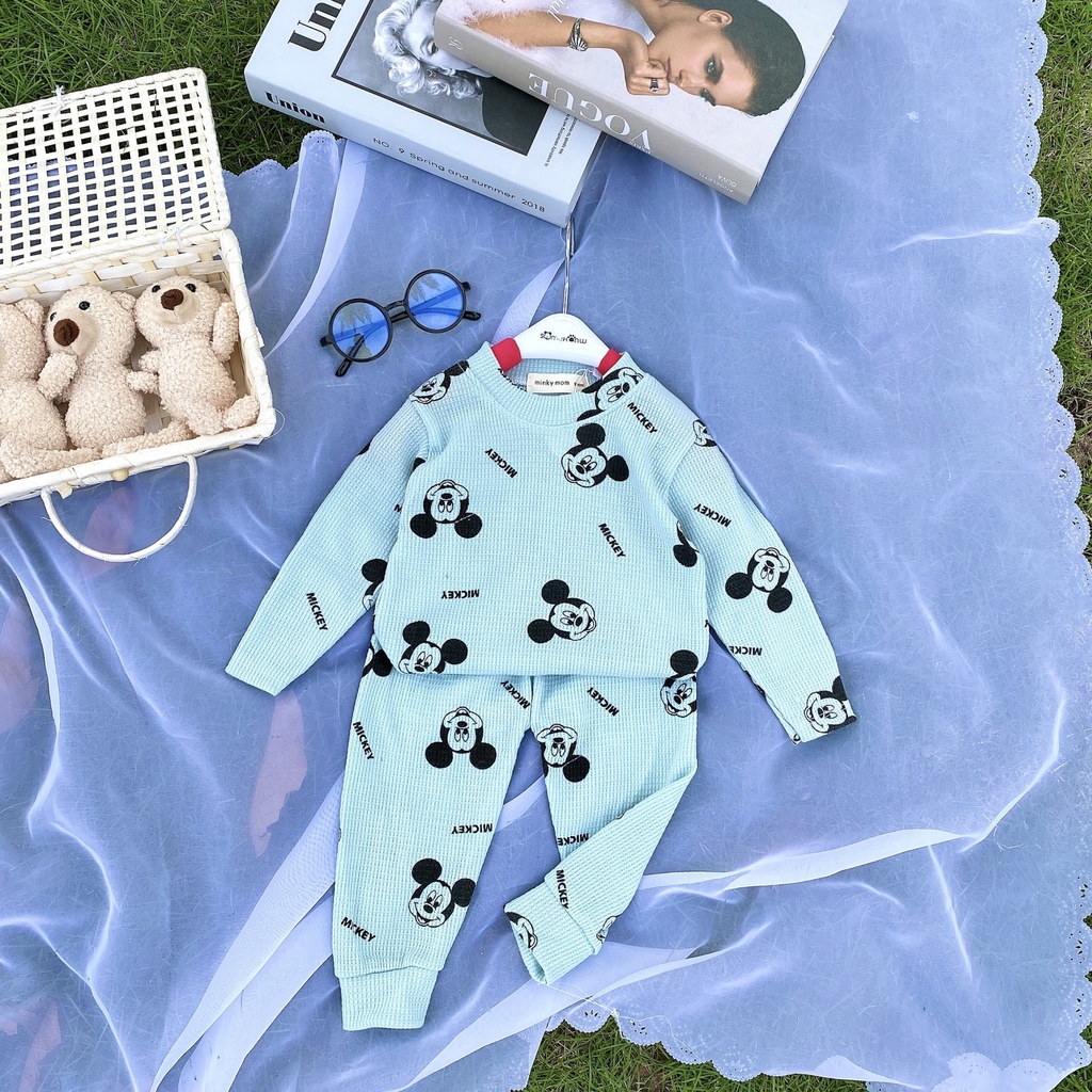 Bộ dài tay thu đông cho bé trai bé gái 8-18kg, vải tổ ong cao cấp, họa tiết Mickey ngộ nghĩnh - BO102