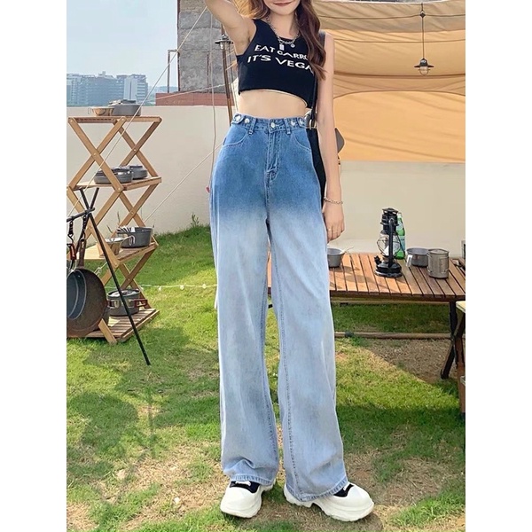 Quần Jeans Loang Ống Rộng Nữ [FREESHIP]  Culottes jean dáng suông cạp cao màu XANH Ulzzang HOT