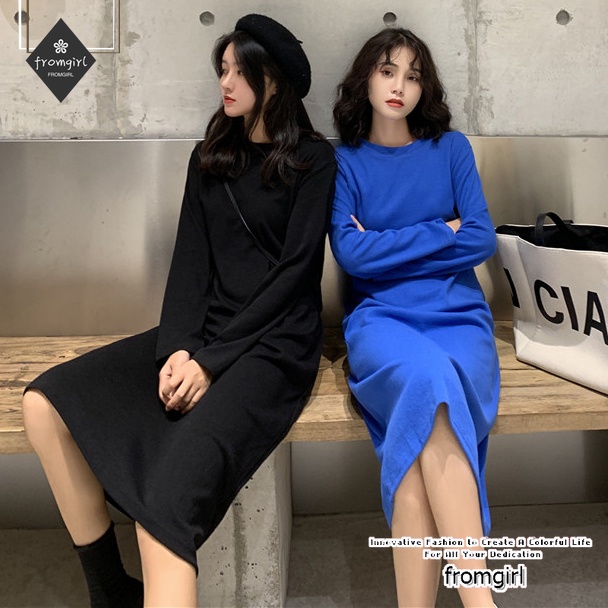 Áo Thun Tay Dài Dáng Rộng Màu Trơn Dài Qua Gối Thời Trang Mùa Thu Cho Nữ