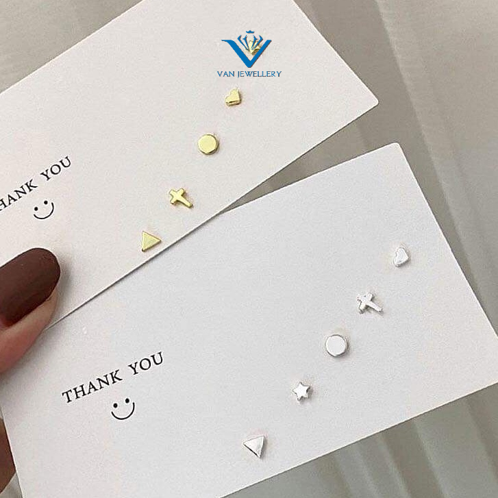 Bông tai bạc Bông nụ hình học Vuông tròn tam giác bạc trơn Van Jewelry V10768