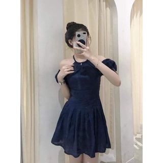 Đầm xanh đen cổ yếm DD181