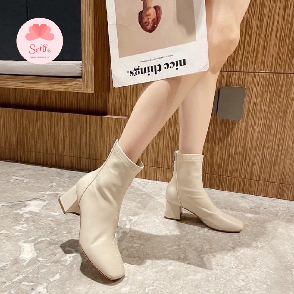 Giày bốt nữ da lì mềm cao gót boot cổ ngắn lót lông ấm siêu êm giá rẻ 5 phân Sollle BD02