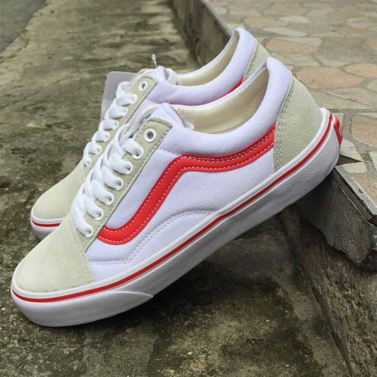 Giày thể thao old skool trắng vạch đỏ, mũi xám, sneaker nam nữ thấp cổ buộc dây, chất liệu vải canvas,mũi và gót da lộn