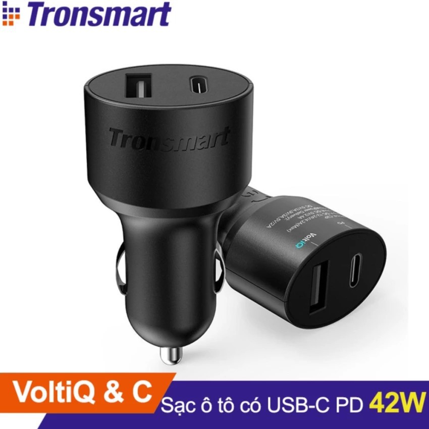 Sạc ô tô TRONSMART C2P 2 cổng 42w USB-C Power Delivery và VoltlQ (Đen) - Hãng phân phối chính thức