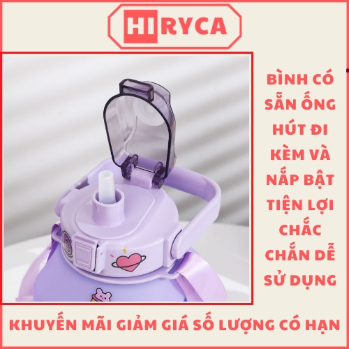 Bình nước đi học, bình đựng nước cute tập gym có ống hút dây đeo bằng nhựa HI.RYCA BN1L501